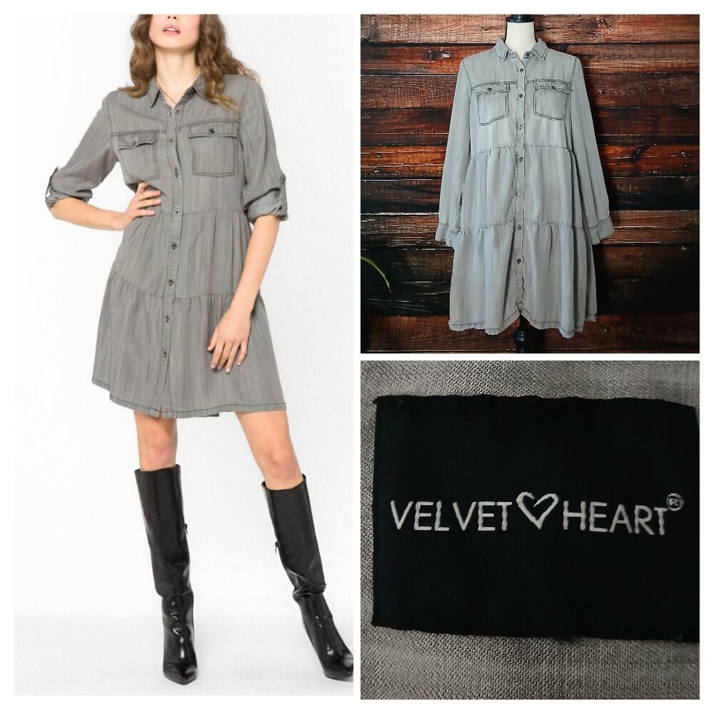 Velvet Heart Bree Shirt Dress M Gray Tiered 100% Tencel Long Sleeve Roll Tab